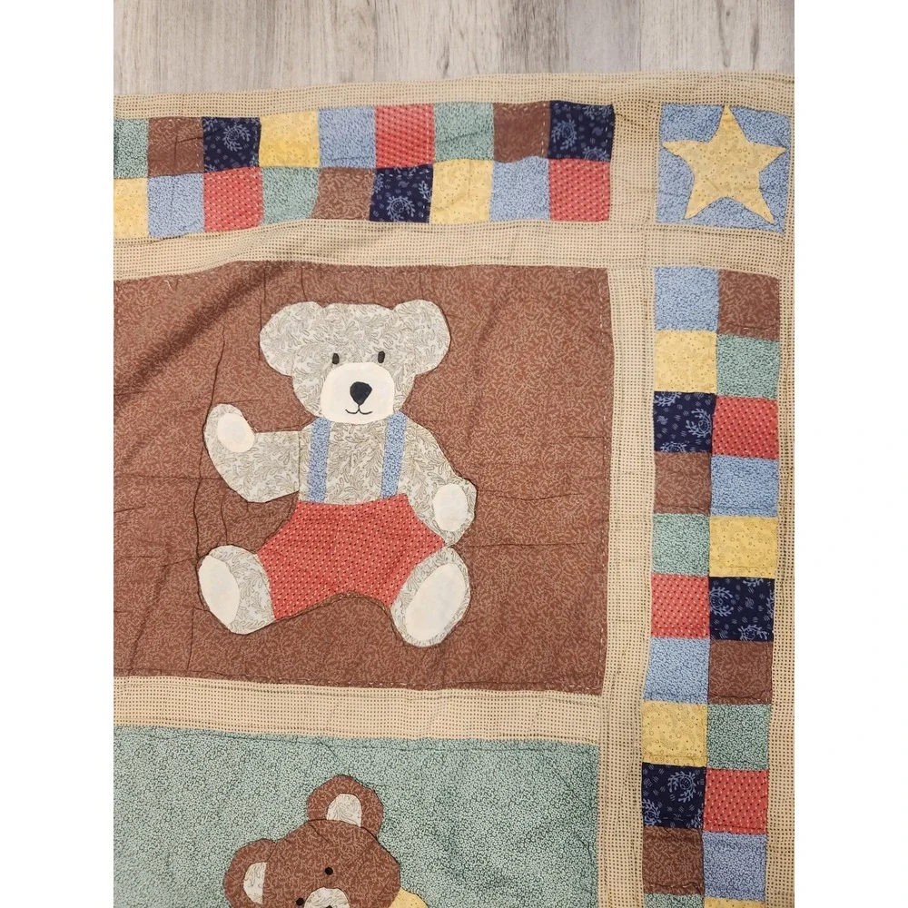 VTG Teddy Bear Quilt Wall Hanging/ Lap Hand Stitched Country Farmhouse Folk Art